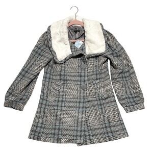 CHERRYKOKO Women's Blue and‎ Grey Plaid  Double Breasted Coat Faux Fur Collar S